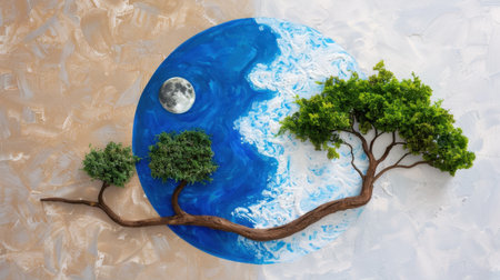 A unique artistic depiction of nature featuring trees, a moon, and gentle waves in a vivid abstract style, evoking tranquility and creativity.の素材