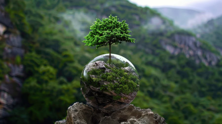 A stunning image showcasing a miniature tree thriving inside a transparent glass sphere perched on a rugged rock, amidst a verdant forest.の素材
