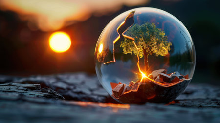 A breathtaking image showcasing a glass sphere containing a vibrant tree, symbolizing nature's beauty and resilience against a stunning sunset backdrop.の素材