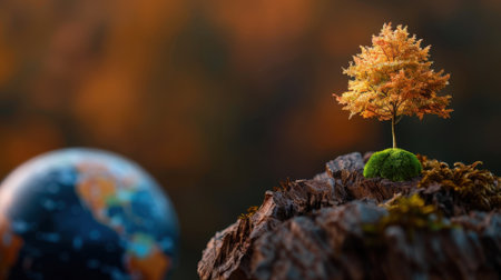 A stunning close-up of a small, vibrant tree atop a moss-covered stump, with a globe softly illuminated in the background, emphasizing the beauty of nature.の素材