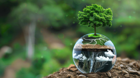 A vibrant green tree blossoms atop a crystal sphere, symbolizing environmental stewardship and nature's beauty. This captivating image embodies harmony, sustainability, and the essential connection between nature and humanity.の素材