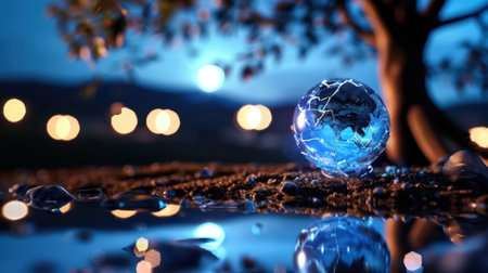 A stunning glass globe depicting Earth, set against a serene backdrop with soft bokeh lights, creating a tranquil and artistic night scene.の素材