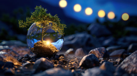 A captivating glass sphere cradles a small illuminated tree, emanating warm light on rocky terrain during dusk. The enchanting scenery blends nature and art.の素材