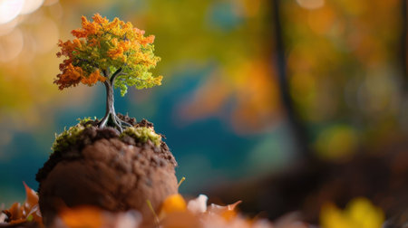 A small and vibrant tree with colorful leaves emerges from the soil, surrounded by fallen leaves, conveying the beauty of nature in autumn.の素材