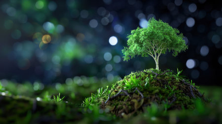 A captivating image featuring a single vibrant green tree atop a lush mossy hill, surrounded by a mesmerizing bokeh background, evoking a sense of tranquility and wonder.の素材
