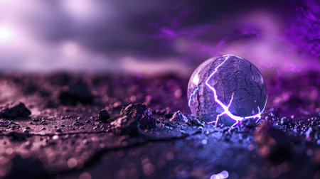 A captivating image of a cracked, glowing sphere sitting on a textured surface, surrounded by dramatic purple light, creating an otherworldly atmosphere.の素材