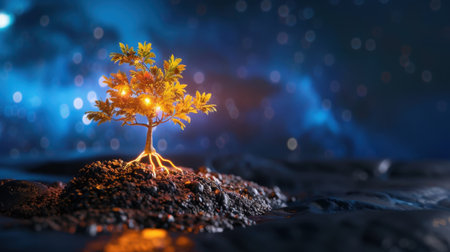 A captivating tree with glowing roots stands triumphantly on a small mound at night, radiating light in a mystical, starry landscape, symbolizing growth and hope.の素材