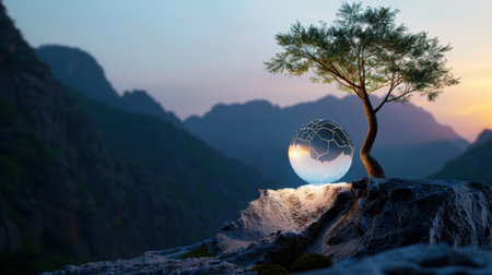 A tranquil scene featuring a solitary tree beside a reflective glass globe set against majestic mountains at sunset, evoking feelings of peace and harmony.の素材