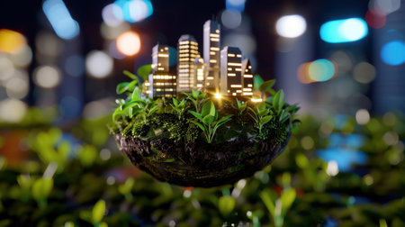 This captivating image depicts a futuristic eco city thriving on a floating island, showcasing harmony between urban living and nature at night.の素材