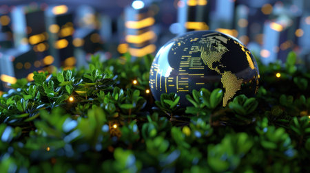 A glowing globe representing the Earth rests on lush greenery, with a vibrant cityscape illuminated at night in the background, showcasing harmony between nature and technology.の素材