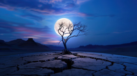 This captivating image features a solitary tree standing tall in a cracked earth landscape illuminated by the soft glow of a full moon, creating a serene and dramatic atmosphere.の素材