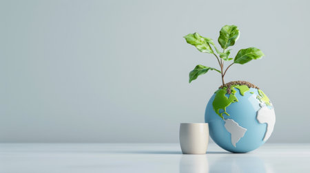 This vivid image showcases a small globe with a green plant thriving from fertile soil, symbolizing sustainability and a positive future for the planet.の素材