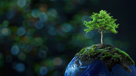 A single lush tree stands tall on a globe, symbolizing hope for the planet and environmental preservation. The bokeh background enhances the serene feel.の素材