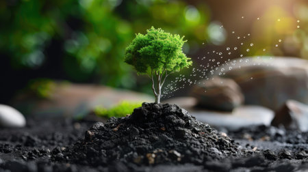 A captivating image of a small green tree sprouting from rich soil, enhanced by gentle water droplets and soft sunlight, showcasing growth and vitality.の素材
