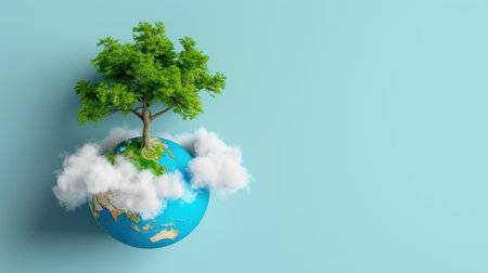 This vibrant illustration depicts a lush green tree flourishing atop a globe surrounded by soft clouds, symbolizing the importance of environmental sustainability and harmony with nature.の素材