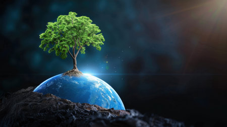A captivating image showing a vibrant green tree growing on a small planet, embodying themes of growth and environmental beauty amidst a cosmic backdrop.の素材