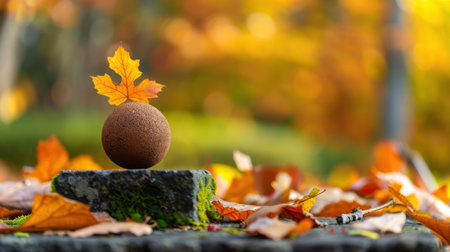 A round brown object stands on a stone pedestal, adorned with an orange maple leaf, surrounded by vibrant autumn foliage, creating a serene fall scene.の素材