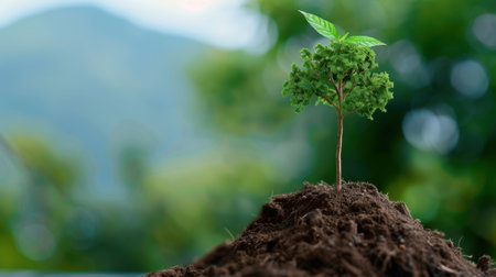 A small green sapling emerges from dark, rich soil, symbolizing growth and renewal in a vibrant outdoor setting under soft natural light.の素材