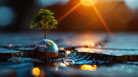 An inspiring image of a small tree growing on a globe, set against a cracked surface, highlighting environmental challenges and the enduring hope for a sustainable future.の素材