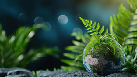 A captivating representation of Earth covered in greenery, accompanied by lush fern leaves, showcasing the beauty of nature and promoting the message of environmental sustainability.の素材