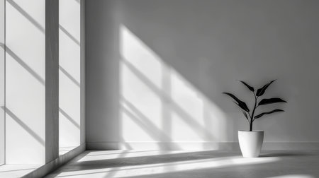 A serene and minimalist interior scene showcasing a single plant in a white pot beside a large window. The dynamic shadows enhance the tranquility of the space.の素材
