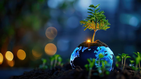 A vibrant green plant emerges from a small globe, symbolizing growth and renewal. Surrounded by young sprouts, this image emphasizes environmental sustainability and harmony with nature.の素材