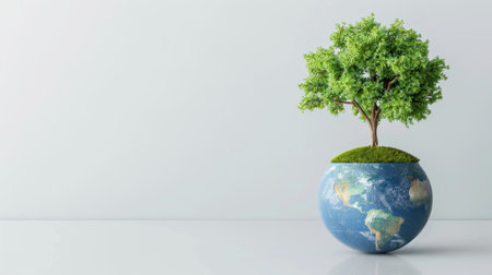 A unique representation of sustainability featuring a lush tree emerging from a globe, symbolizing the delicate harmony between nature and our planet.の素材