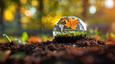 A striking glass sphere encapsulates an autumn leaf and earth details on a soft soil bed, surrounded by lush greenery, embodying nature's beauty and tranquility.の素材