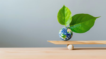 A striking representation of harmony between nature and earth, featuring a globe balanced on a wooden platform with lush green leaves, symbolizing sustainability.の素材