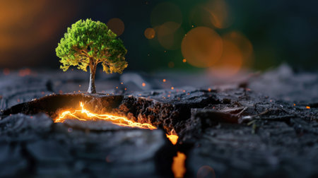 A stunning image of a solitary tree emerging from cracked earth with a subtle glow, symbolizing resilience and hope amidst darkness and heat.の素材
