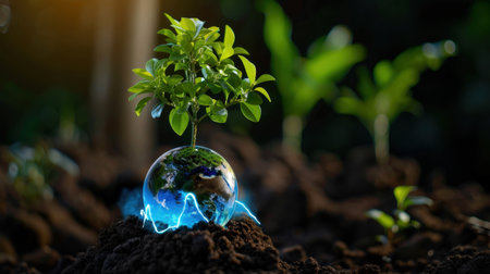 A vibrant small green plant emerges from a globe depicting Earth, radiating energy amidst rich soil, symbolizing environmental growth and sustainability.の素材