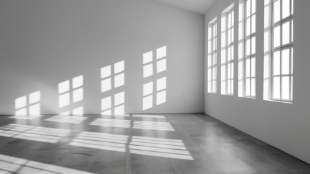 A spacious interior showcasing large windows that allow natural light to flow through, casting elegant shadows on the floor, creating a serene atmosphere.の素材