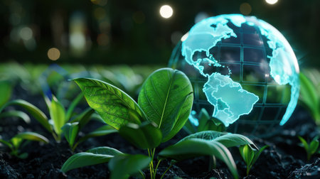 A captivating image showing green leaves emerging from dark soil alongside a digital globe, symbolizing the marriage of technology and sustainable agriculture.の素材