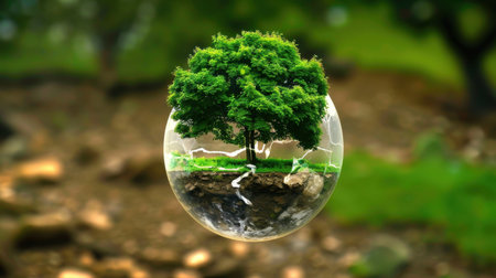 A stunning image showcasing a vibrant tree encapsulated in a crystal-clear globe, representing the beauty of nature and the importance of environmental conservation.の素材