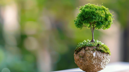 A stunning small green tree perched on a natural rock symbolizes growth and tranquility, set against a beautifully blurred background, ideal for nature-themed projects.の素材