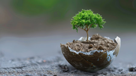 A striking image of a tiny tree sprouting from a cracked eggshell, showcasing the beauty of new growth and the delicate balance of nature and nurturing.の素材