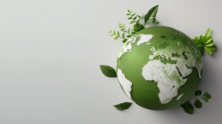 A vibrant green globe surrounded by fresh leaves symbolizes the connection between nature and sustainability. This artwork emphasizes eco-friendly living and environmental awareness.の素材