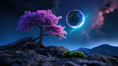 A stunning depiction of a solitary pink tree set against a starry night sky, featuring a vibrant planet and a cosmic landscape, creating a mystical atmosphere.の素材
