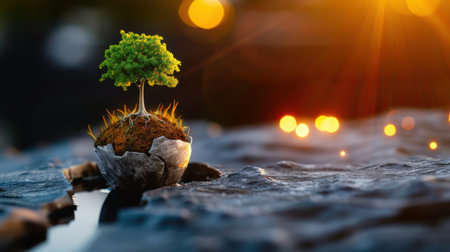 A small green tree emerges from a coconut shell, showcasing new life against a backdrop of a glowing sunset. This serene moment captures the essence of nature's beauty and resilience.の素材