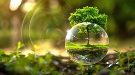 A captivating image of a vibrant green tree housed within a transparent glass sphere, symbolizing the beauty of nature and the importance of environmental preservation.の素材