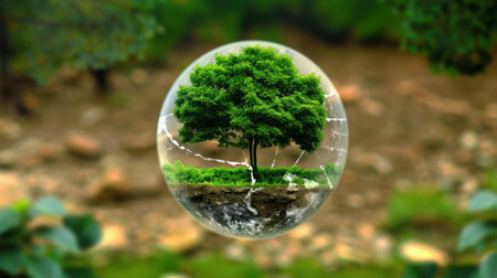 A stunning green tree encapsulated within a glass sphere creates a striking visual effect, symbolizing nature beauty and harmony in a tranquil environment.の素材