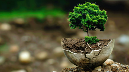 A vibrant green tree emerges from a cracked earth bowl, symbolizing renewal and sustainability. The image highlights the importance of nurturing nature and growth.の素材