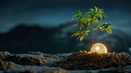 This enchanting image showcases a small glowing plant emerging from rich, dark soil, symbolizing growth and hope in a serene nighttime setting.の素材