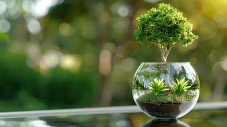 This captivating terrarium features a miniature tree and lush green plants within a glass bowl, showcasing nature's beauty. Ideal for indoor decoration.の素材