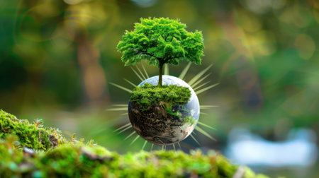 A captivating image of a green tree growing on a reflective globe, surrounded by sunlight and vibrant nature, symbolizing hope and sustainability.の素材