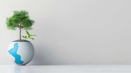 A modern white pot featuring a green plant and a unique earth design. This image captures the essence of sustainability and eco-friendly living in contemporary decor.の素材