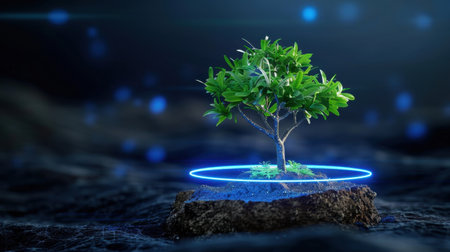 A vibrant green tree grows from rich soil, illuminated by a glowing blue halo against a dark background, symbolizing life and sustainability in nature.の素材