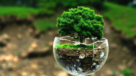 A mesmerizing image of a thriving green tree encapsulated in a glass orb, symbolizing the delicate balance between nature and human impact on the environment.の素材