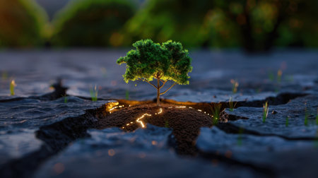 A small green tree emerges from cracked soil, illuminated by soft light. The scene captures the essence of nature's resilience and beauty, showcasing growth and vitality.の素材