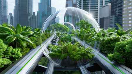 This image depicts a vivid futuristic city where a transparent sphere encloses lush greenery amidst towering skyscrapers, symbolizing harmony between nature and urban development.の素材